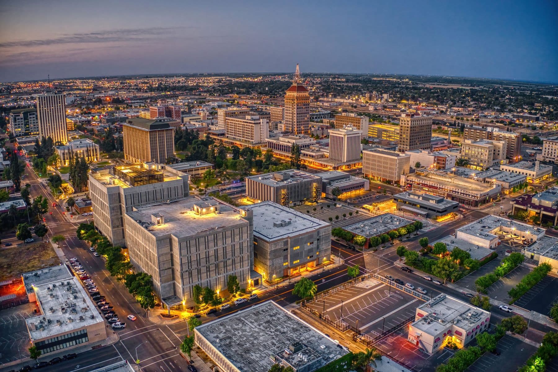 Aerial view of downtown Fresno at dusk