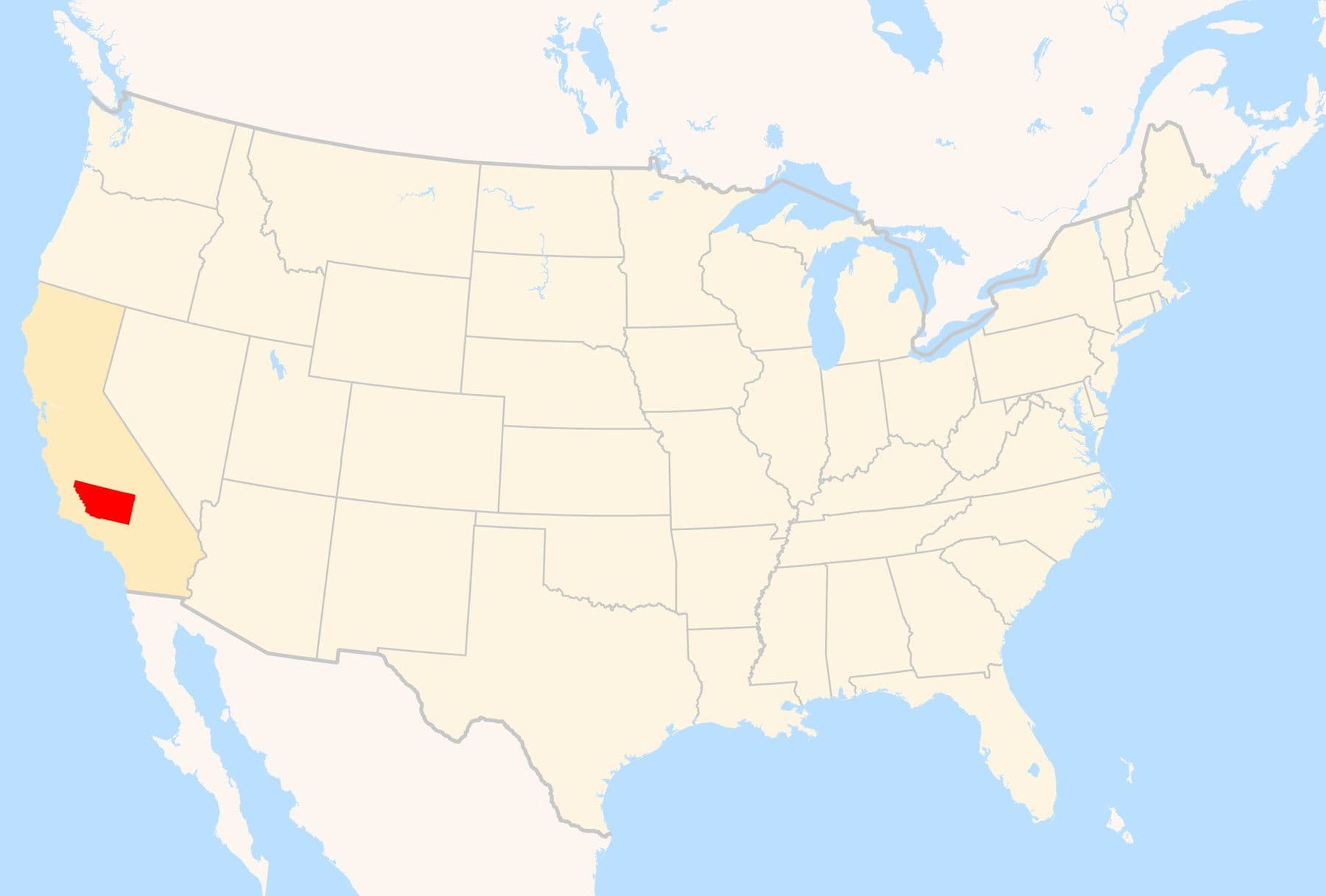 Map of the United States with Kern County, California highlighted