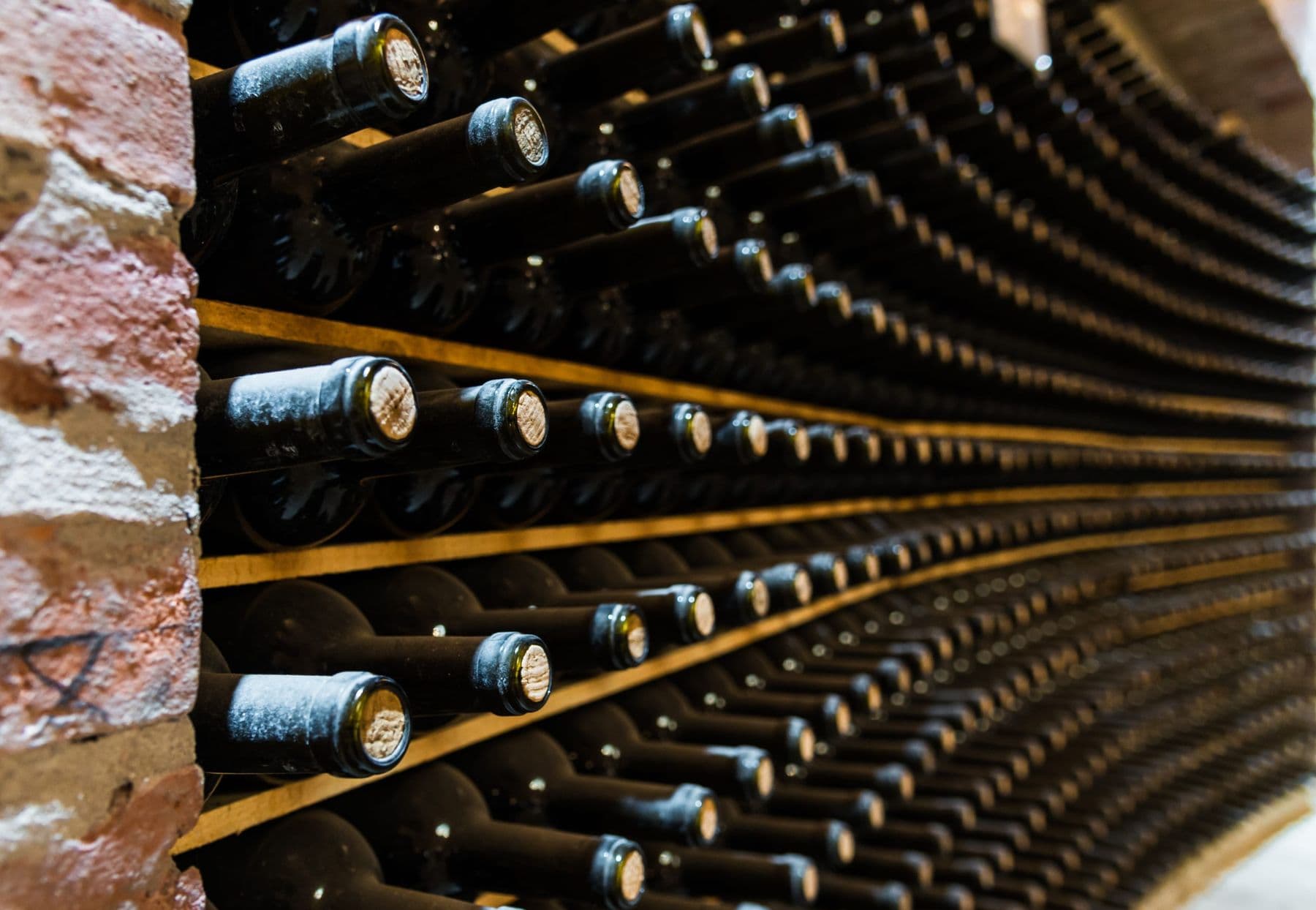 Wine bottles stored in cellar racks, representing Paso Robles wine country
